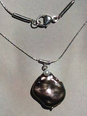 Sterling Silver Chain with Baroque Flat Freshwater pendant.